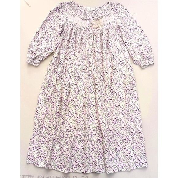 Eileen West Cotton Flannel Nightgown Purple Small Floral Print Lace Trim Sz M - Picture 1 of 8